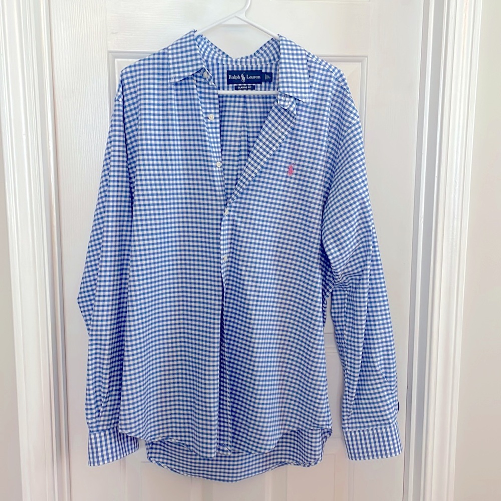 Ralph Lauren Blue and white gingham pattern button down. Like new.